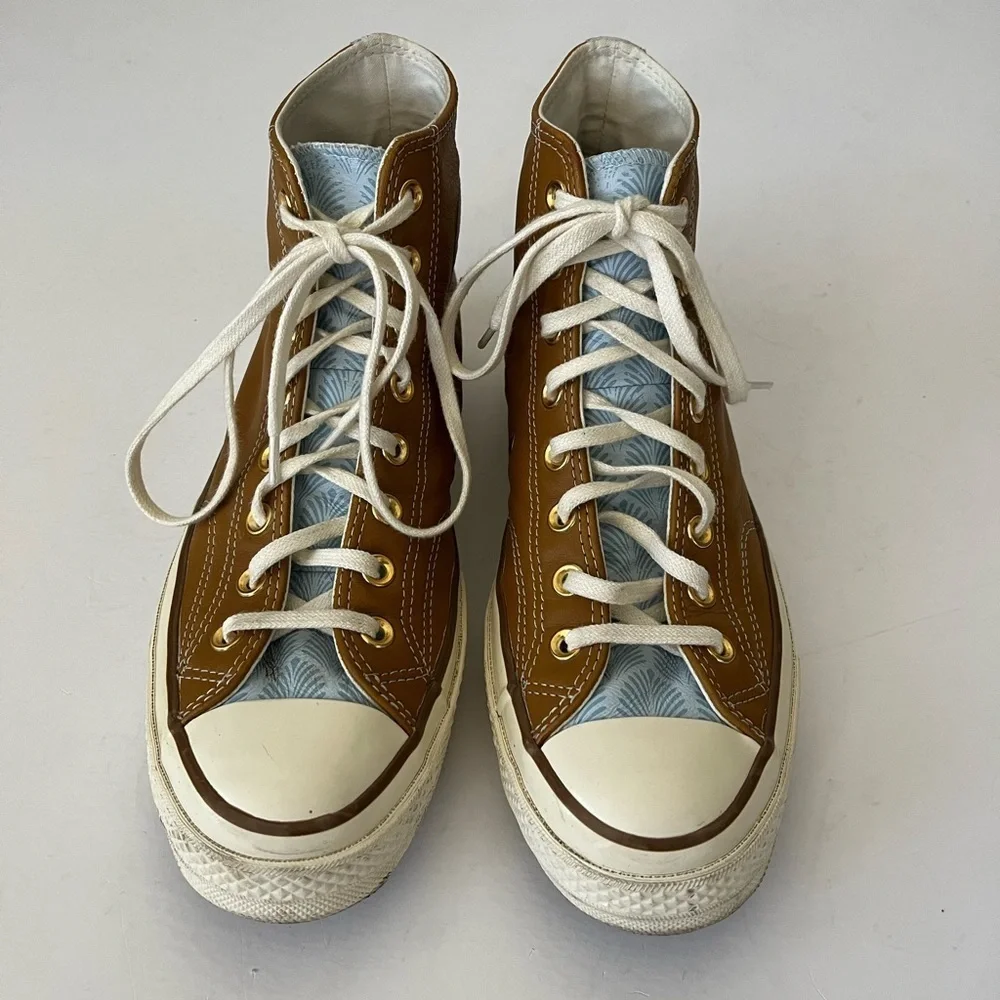 Converse Chuck Taylor 70 High Tops Brown Leather Blue Leaf Pattern Men’s Size 9